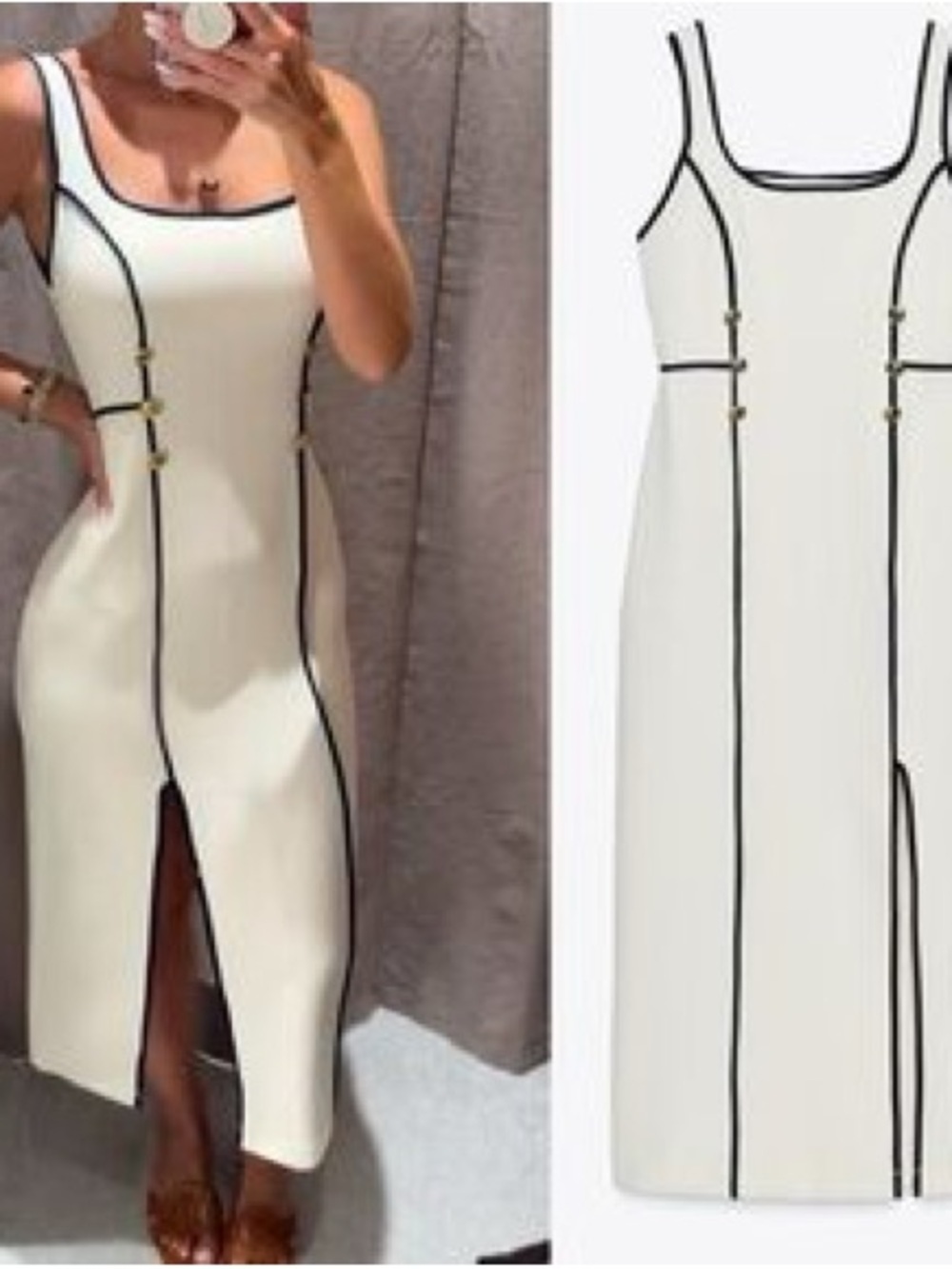 Zara Navy Blue & Cream Contrast Trim Midi Dress Size L - Picture 11 of 12